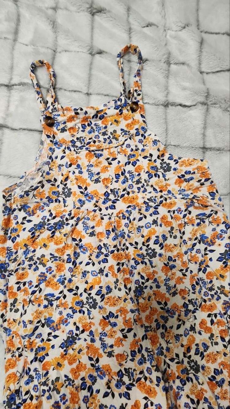 Floral Overalls - Orange Blue White Adjustable Straps - Women Medium